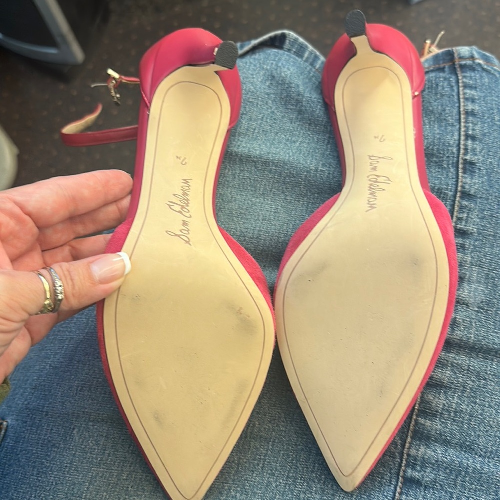 Sam Edelman hot pink pointy suede heels.